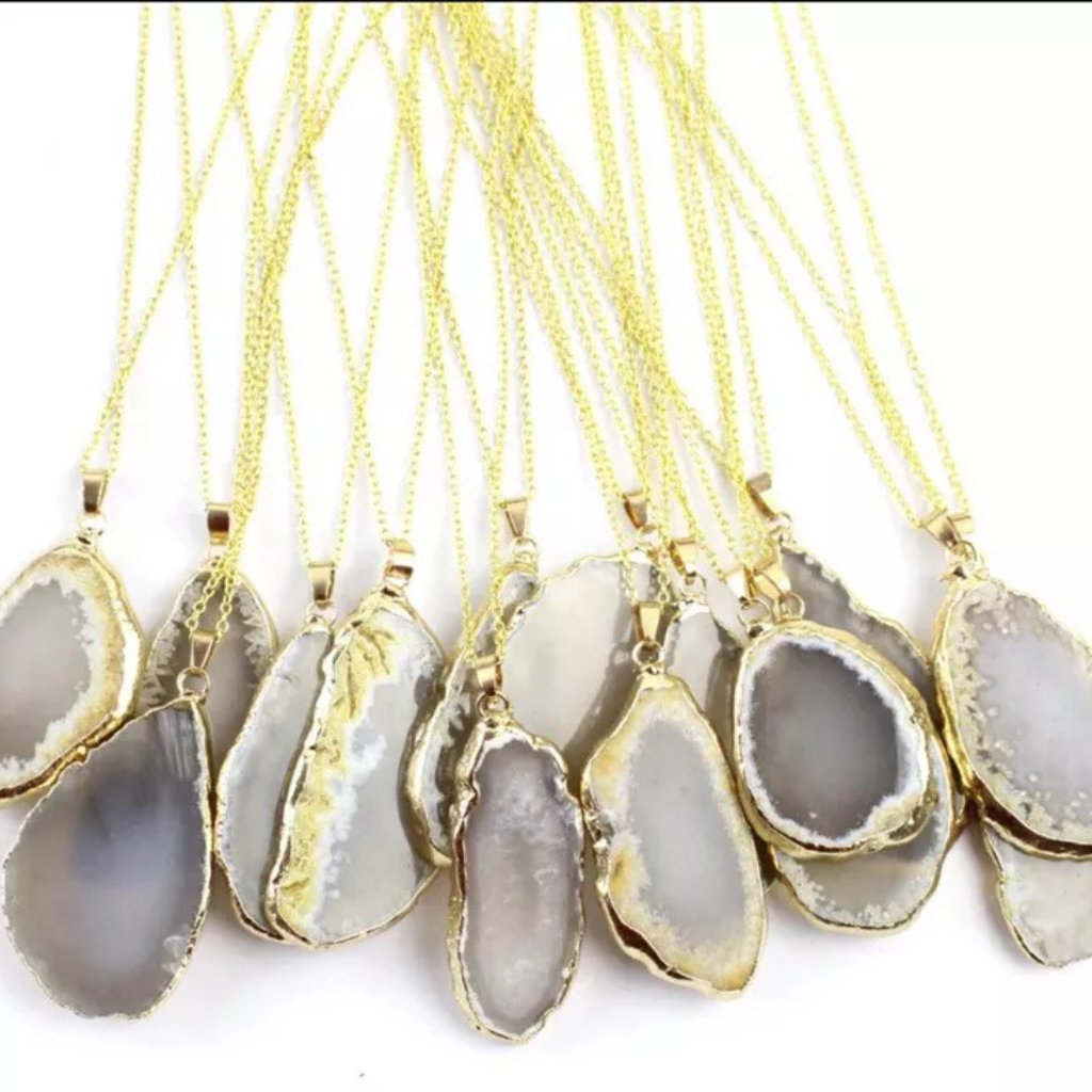 Gray Agate Slice Charm Necklace W/ Gold Tone Trim, Agate Rock, Healing Gemstone